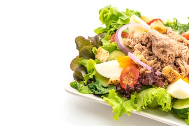 Sebze salatalı ve yumurtalı ton balığı, sağlıklı yemek tarzı.