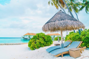 tropikal Maldivler Adası plaj ve deniz ile plaj sandalyesi