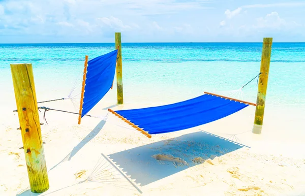 Hangmat Swing rond het strand zee en Oceaan met blauwe hemel wit — Stockfoto