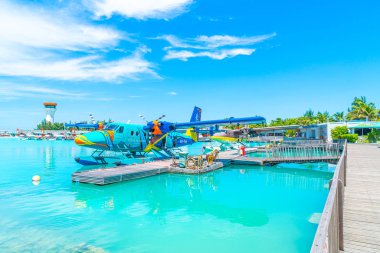 Male, Maldivler-Mayıs/20/2019: Trans Maldiv hava yolu deniz uçağı