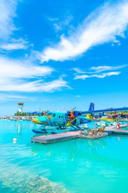 Male, Maldivler-Mayıs/20/2019: Trans Maldiv hava yolu deniz uçağı