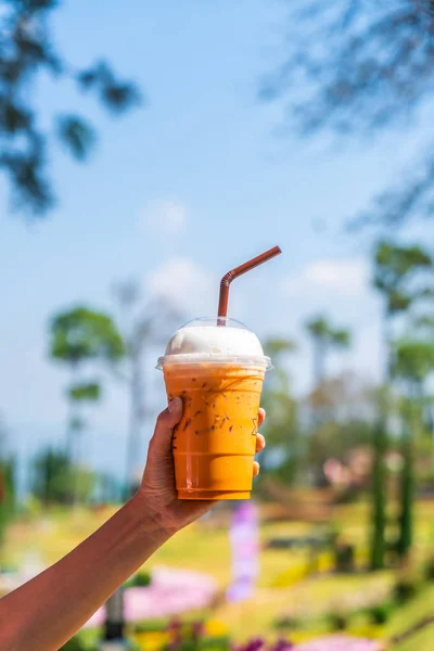 Hand holding iced Thai milk tea cup — Stock Photo, Image