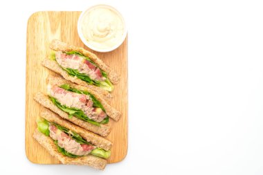 Beyaz arka planda ev yapımı tuna sandviç