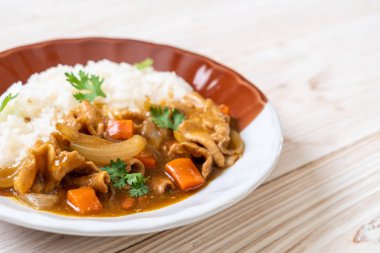 Japon köri pirinç dilimlenmiş domuz eti, havuç ve soğan ile