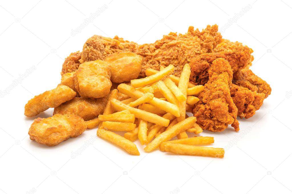 fried chicken with french fries and nuggets meal (junk food and 