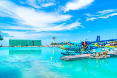 Male, Maldivler-Mayıs/20/2019: Trans Maldiv hava yolu deniz uçağı