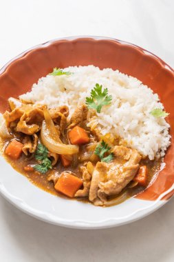 Japon köri pirinç dilimlenmiş domuz eti, havuç ve soğan ile