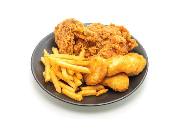 Fried chicken with french fries and nuggets meal (junk food and — Stock Photo, Image