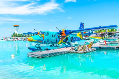 Male, Maldivler-Mayıs/20/2019: Trans Maldiv hava yolu deniz uçağı