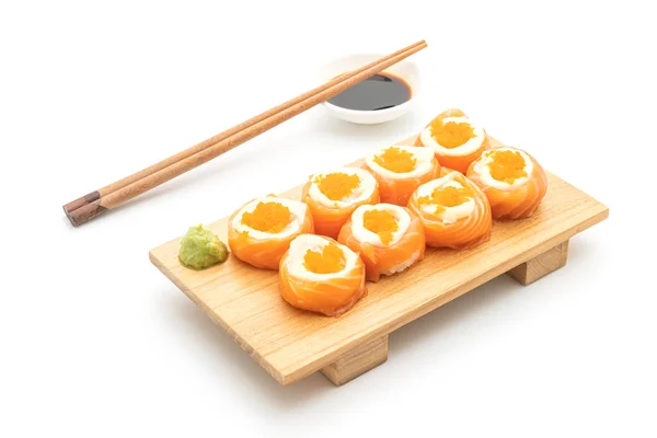 Fresh salmon sushi roll with mayonnaise and shrimp egg — Stock Photo, Image