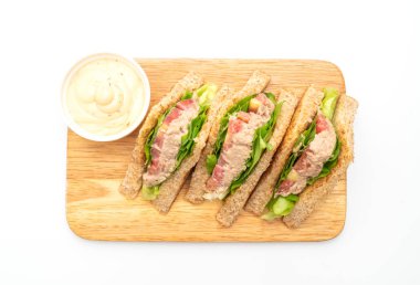 Beyaz arka planda ev yapımı tuna sandviç