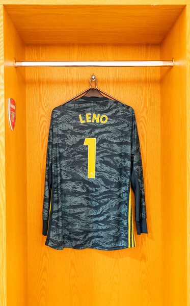 LONDON, UK- 31 AUG 2019:Leno's Arsenal home kit in changing room
