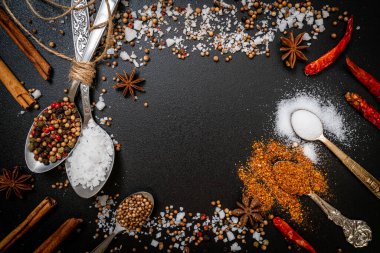 Siyah arkaplanda kaşık ve kopyalama alanı olan baharatlar ve otlar.
