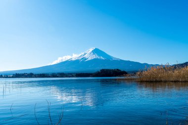 Kawaguchiko Gölü ve Japonya 'da mavi gökyüzü olan güzel Fuji Dağı