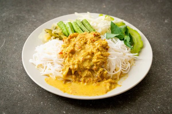 Thai Rice Noodles with Crab Curry and Variety Vegetables - Thai local southern food