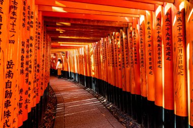 Kyoto, Japonya - 11 Ocak 2020: Turistler ve Japon öğrencilerle Fushimi Inari Taisha 'daki Red Torii kapıları. Fushimi Inari en önemli Shinto tapınağıdır..