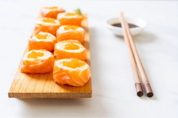 Fresh Salmon Sushi Roll Mayonnaise Shrimp Egg Japanese Food Style — Stock Photo, Image