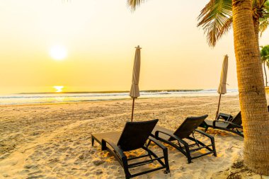 Güneş doğarken palmiye ağacı ve deniz plajı olan şemsiye koltuğu plajı - tatil ve tatil konsepti