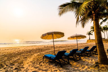 Güneş doğarken palmiye ağacı ve deniz plajı olan şemsiye koltuğu plajı - tatil ve tatil konsepti