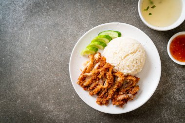 Kızarmış tavuklu Çin tavuğu pilavı ya da kızarmış tavuklu pilav çorbası. Asya usulü.