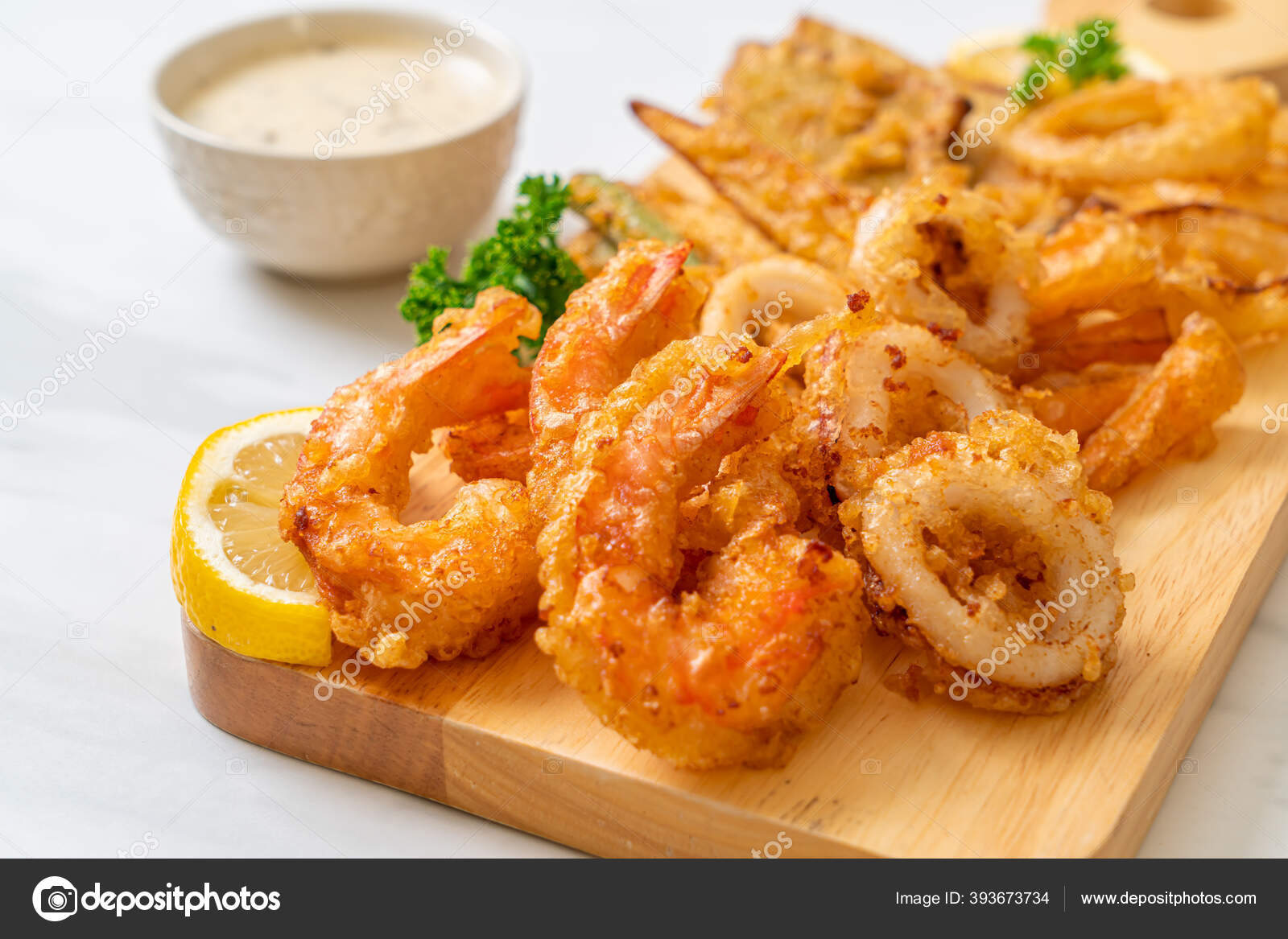 Deep Fried Seafood Shrimps Squid Mix Vegetable Unhealthy Food Style
