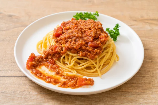 Špagety Boloňské Vepřové Nebo Špagety Omáčkou Mletého Vepřového Rajčete Italský — Stock fotografie