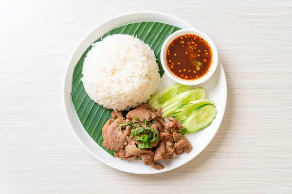 Gegrilltes Schweinefleisch Knoblauch Mit Reis Mit Würziger Sauce Asiatischen Stil — Stockfoto