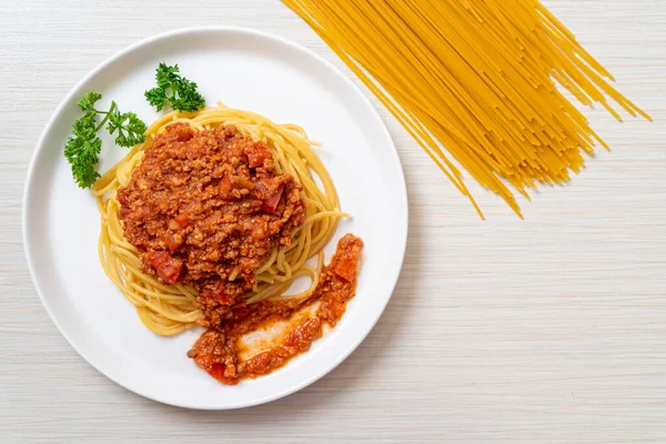 Espaguete Porco Bolonhesa Espaguete Com Molho Tomate Porco Picado Estilo — Fotografia de Stock