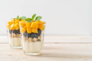 Ev yapımı taze mango ve yoğurt ve granola ile taze yaban mersini. Sağlıklı yemek tarzı.