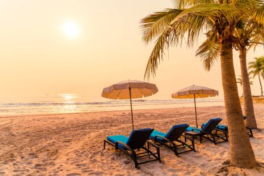 Güneş doğarken palmiye ağacı ve deniz plajı olan şemsiye koltuğu plajı - tatil ve tatil konsepti