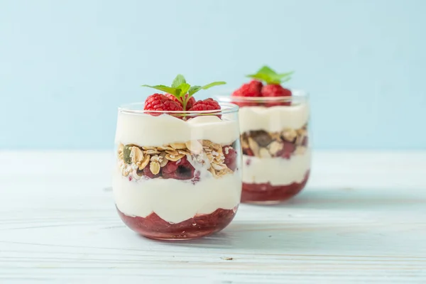 Framboesa Fresca Iogurte Com Granola Estilo Comida Saudável — Fotografia de Stock