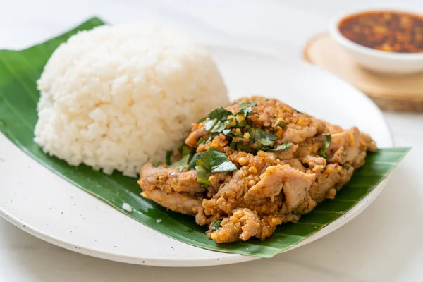 Reis Mit Gegrilltem Würzigem Schweinefleisch Und Kräutern Asiatische Küche — Stockfoto