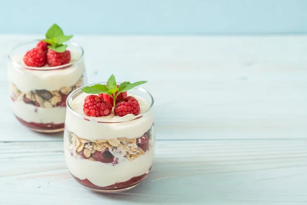 Framboesa Fresca Iogurte Com Granola Estilo Comida Saudável — Fotografia de Stock