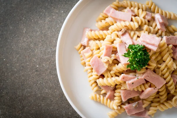 Spirali Spiral Pasta Mushroom Cream Sauce Ham Italian Food Style — Stock Photo, Image