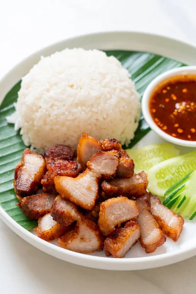 Goreng Perut Babi Dengan Nasi Dengan Saus Pedas Dalam Gaya — Stok Foto