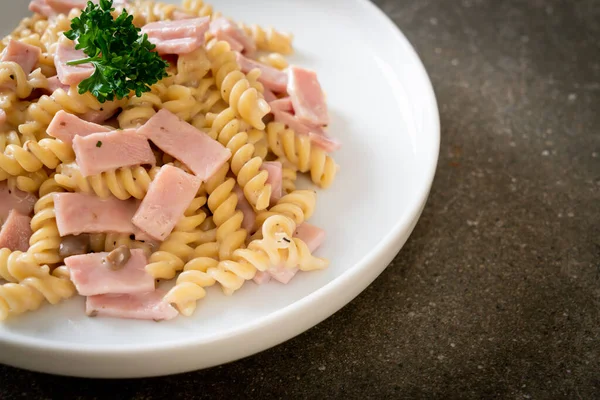 Spirali Spiral Pasta Mushroom Cream Sauce Ham Italian Food Style — Stock Photo, Image