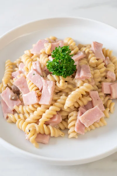 Spirali Spiral Pasta Mushroom Cream Sauce Ham Italian Food Style — Stock Photo, Image