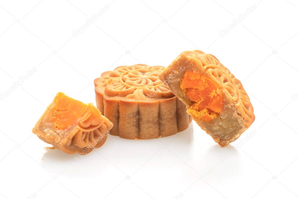 Chinese moon cake durian and egg yolk flavour isolated on white background