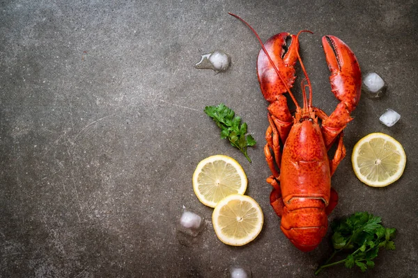 Roter Hummer Meeresfruchte Mit Zitronenkrautern Und Gewurzen Auf Dunklem Hintergrund Schalentiere Weiss Stock Photo 256388758