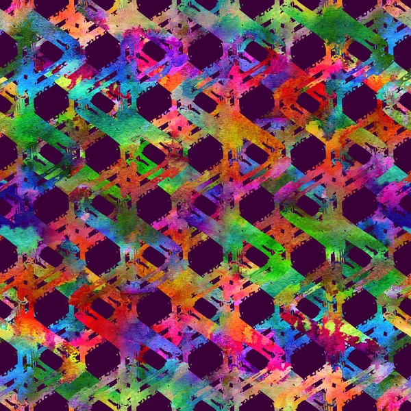 seamless pattern with brush stripes and strokes plaid. Rainbow watercolor color on violet background. Hand painted grange texture. Ink geometric elements. Fashion modern style. Endless fabric print.