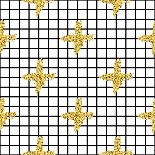 Modern seamless pattern with brush stripes plaid and cross. Black, gold metallic color on white background. Golden glitter texture. Ink geometric elements. Fashion catwalk style. Repeat fabric cloth — Stock Photo, Image