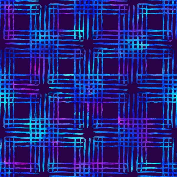 Naadloze patroon met borstel strepen en lijnen. Aquarel blauw op violette achtergrond. Handgeschilderde grange textuur. Plaid cross geometrische elementen. Mode-moderne stijl. Eindeloze stof afdrukken. — Stockfoto