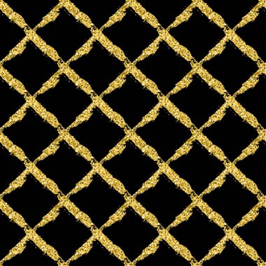 Parlak fırça ile modern seamless modeli ekose çapraz. Siyah zemin üzerine altın metalik renk. Altın glitter doku. Mürekkep geometrik öğeleri. Moda podyum stil. Kumaş bez baskı tartan yineleyin.