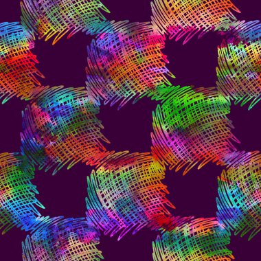 Dikişsiz desen fırça doodle ve Meydanı. Gökkuşağı suluboya menekşe arka plan üzerinde. Suluboya doku el boyalı. Ekose öğeleri. Modern resim boya. Tekrar kumaş baskı.