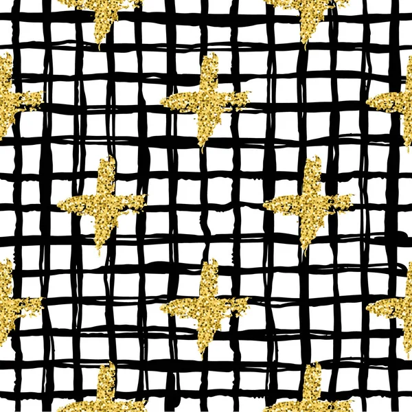 Σύγχρονη απρόσκοπτη μοτίβο με ρίγες καρό βούρτσα και σταυρό. Μαύρο, χρυσό μεταλλικό χρώμα σε άσπρο φόντο. Χρυσά glitter υφή. Τα γεωμετρικά στοιχεία του μελανιού. Μόδα πασαρέλα στυλ. Επαναλάβετε το πανί — Φωτογραφία Αρχείου