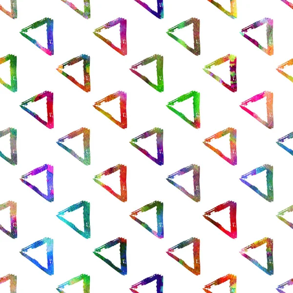 シームレスなパターン ブラシのカラフルな三角形。白い背景の虹色。手描きのグランジ テクスチャ。インクの幾何学的な要素。現代のファッションスタイルです。無限のファンタジー プラッド ファブリックのプリント。水彩 — ストック写真