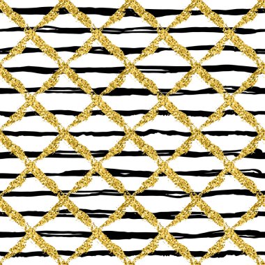 Modern Dikişsiz desen fırça ile ekose ve çapraz çizgili. Beyaz arka planda siyah, altın metalik renk. Altın glitter doku. Mürekkep geometrik öğeleri. Moda podyum stil. Kumaş bez yineleyin