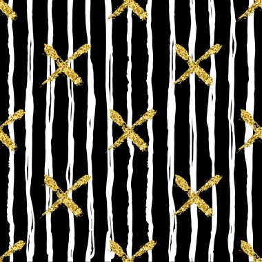 Modern Dikişsiz desen fırça çizgileri ve çapraz. Beyaz, siyah zemin üzerine altın metalik renk. Altın glitter doku. Mürekkep geometrik öğeleri. Moda podyum stil. Kumaş bez baskı yineleyin.