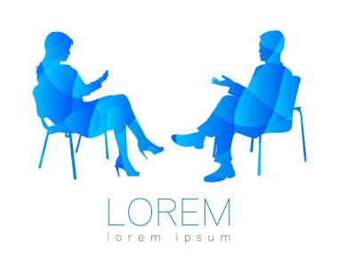 İnsanlar konuş. Danışmanlık ya da psikoterapi oturum. Adam kadın oturma sırasında söz. Siluet profil. Modern sembolü logosunu görmeniz gerekir. İşareti kavramı tasarım. Mavi parlak ve renkli.