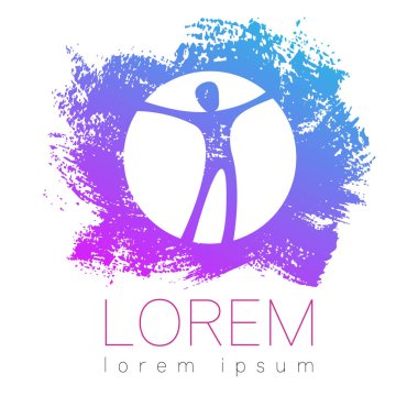 Modern vektör fırça mavi pembe renkli arka plan üzerinde izole daire logo içinde insan silueti. Adam içimde mutluluğu. Sağlık sembol. Konsept tasarımı web, klinik, okul, eğitim için. Yaratıcı